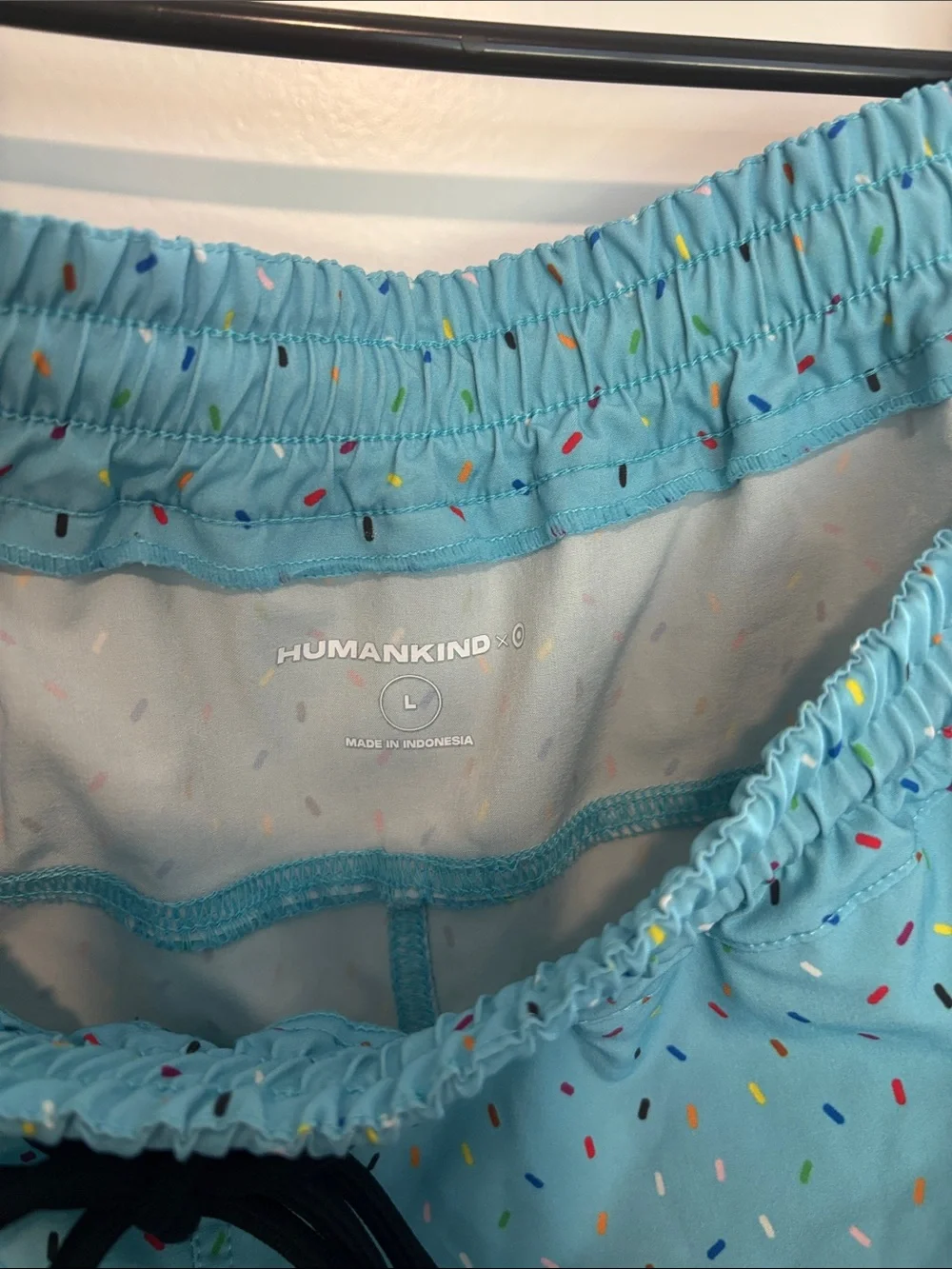 Humankind Aqua Confetti Shorts/swim trunks with Black Drawstring